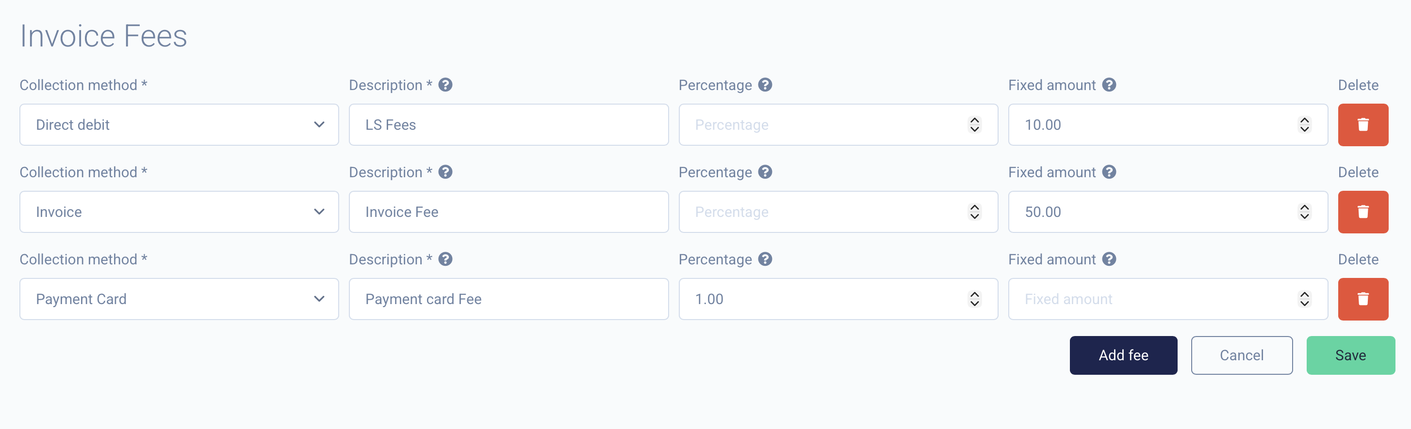 The Invoice Fees configuration page with a fee for each collection method