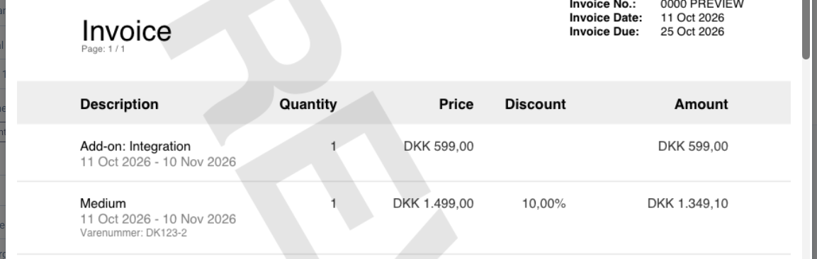 An invoice PDF showing a subscription line with a 10% discount in the Discount column and the discounted amount