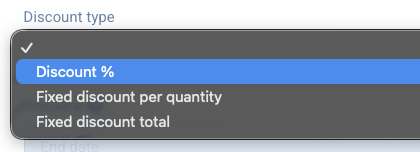 The Discount type selector on the subscription form, showing the three discount types